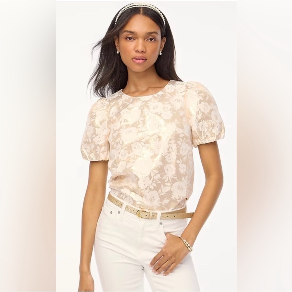 NWT J. Crew gold metallic and white floral jacquard puff sleeve top sz sm